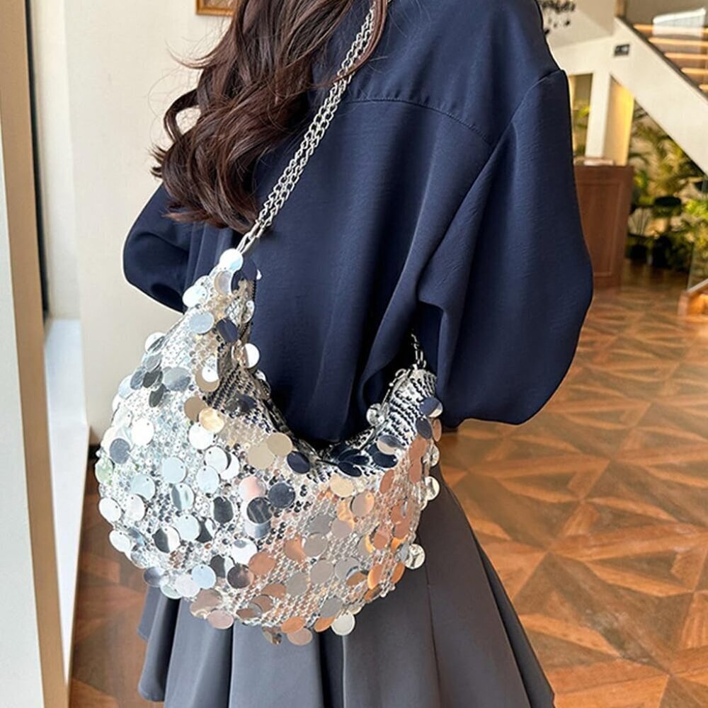 Women Shinny Evening Bag Bucket Purse Handbag Sequin Shoulder Bags Crossbody Bag - Picture 3 of 5